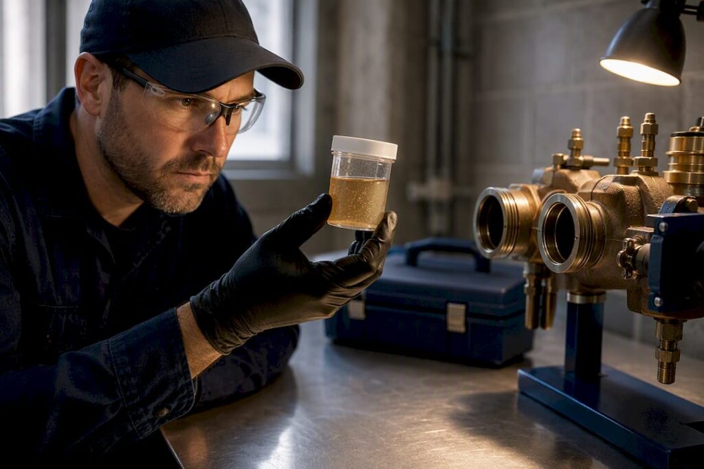 Tester examining discolored water from backflow incident