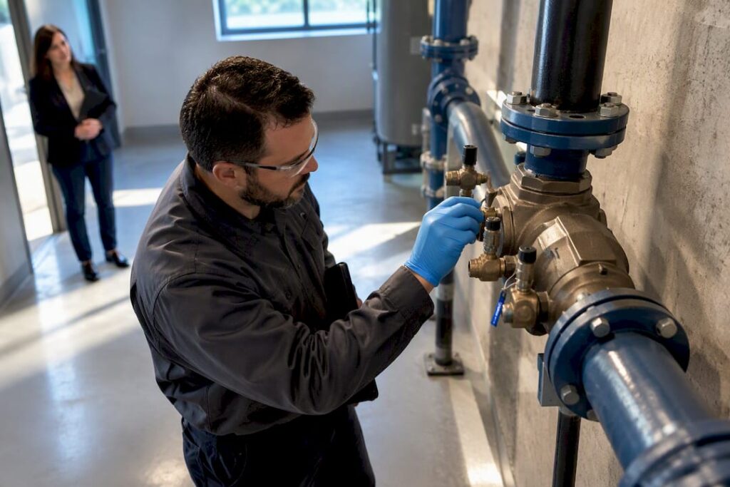 Tester inspecting commercial backflow assembly