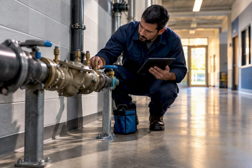Technician inspecting school backflow assembly