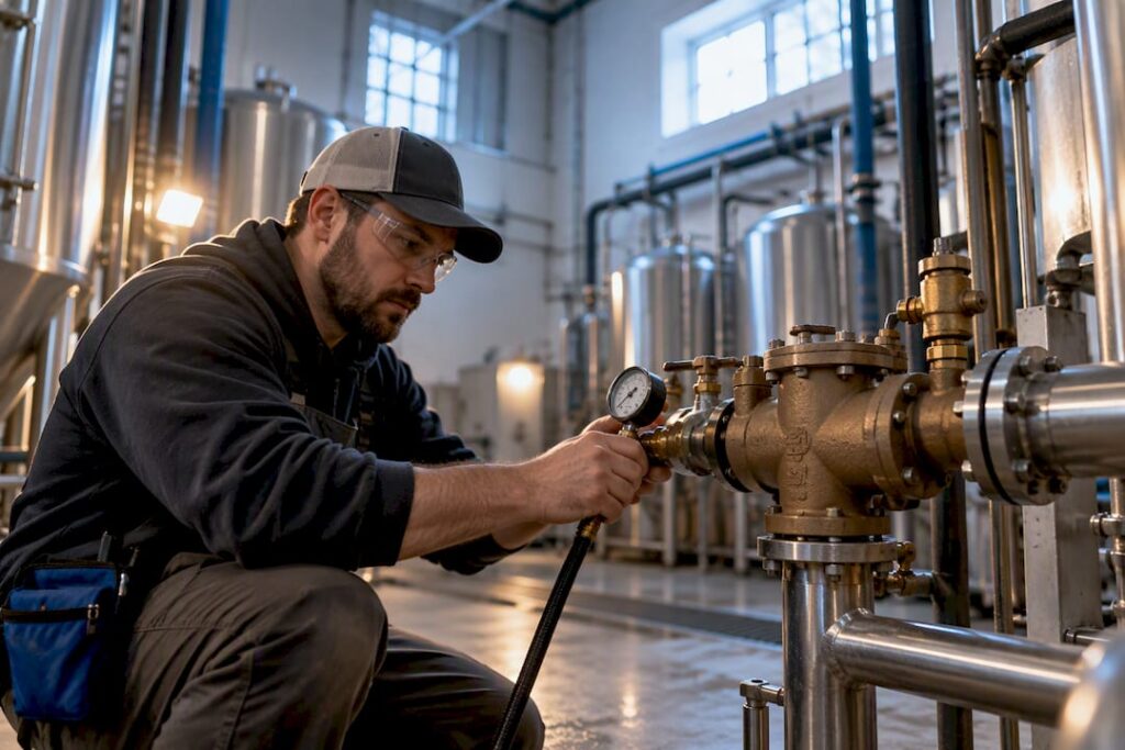 Technician inspecting brewery backflow assembly