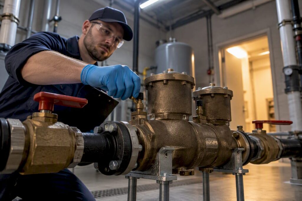 Technician testing an NJ backflow assembly