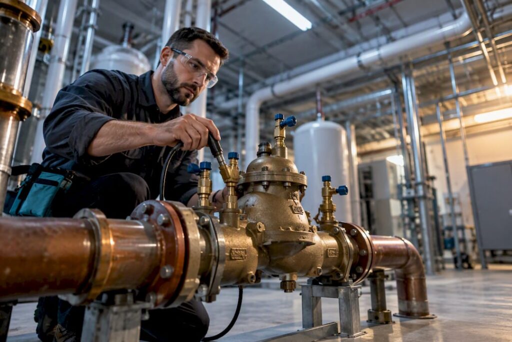 Backflow assembly in hospital mechanical room