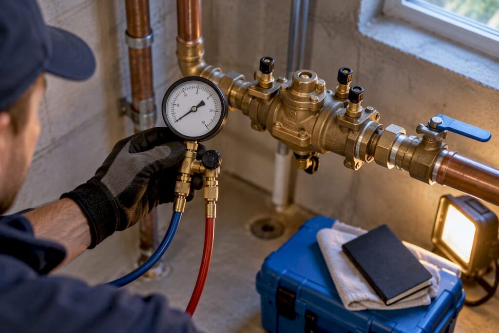Technician verifies gauge beside backflow assembly