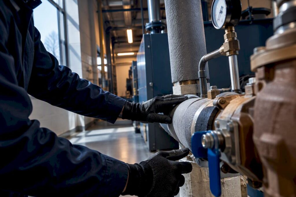 Technician inspecting boiler makeup-water piping