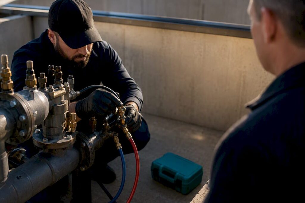 Technician performing post-repair backflow retest