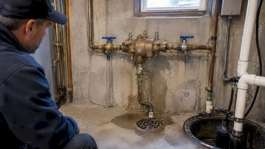 Residential basement backflow assembly above floor drain