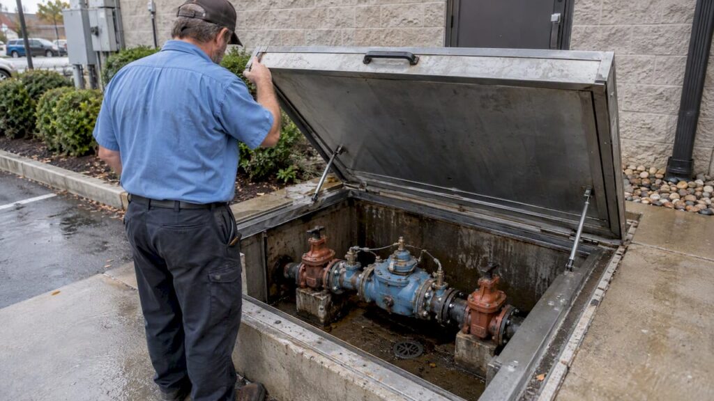 Protected backflow assembly beside meter pit