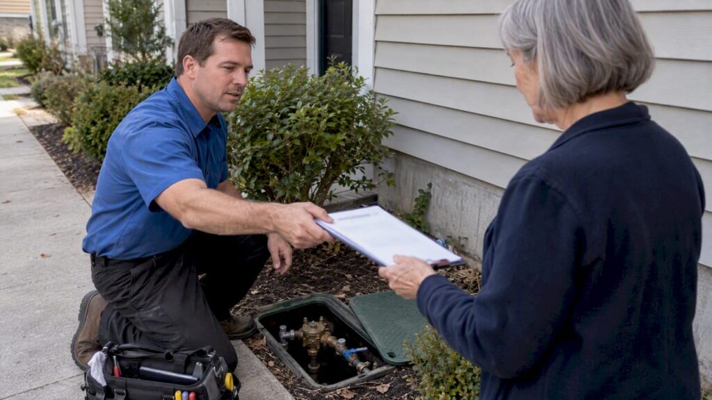 Backflow tester handing homeowner a report