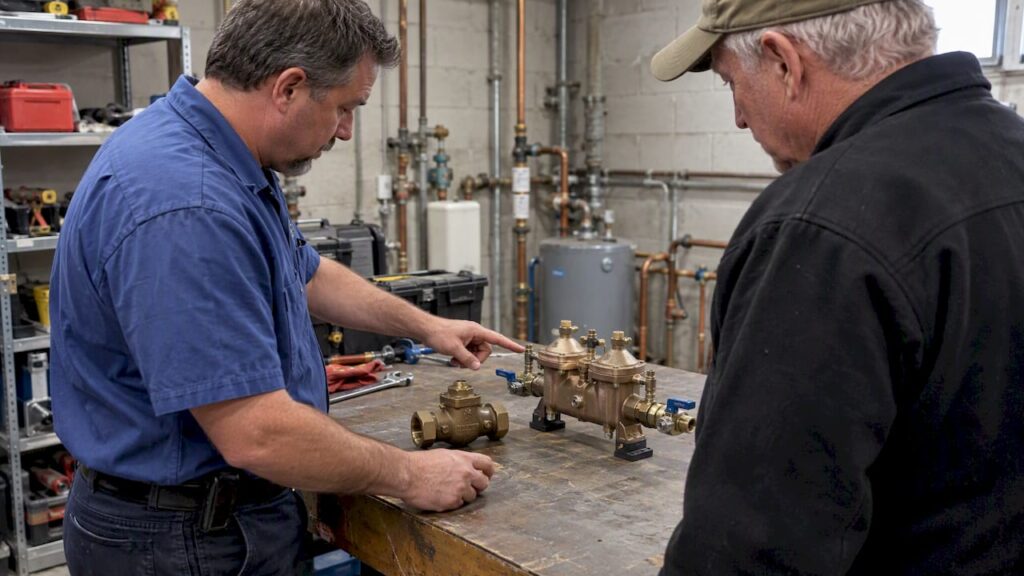 Owner comparing check valve and backflow preventer