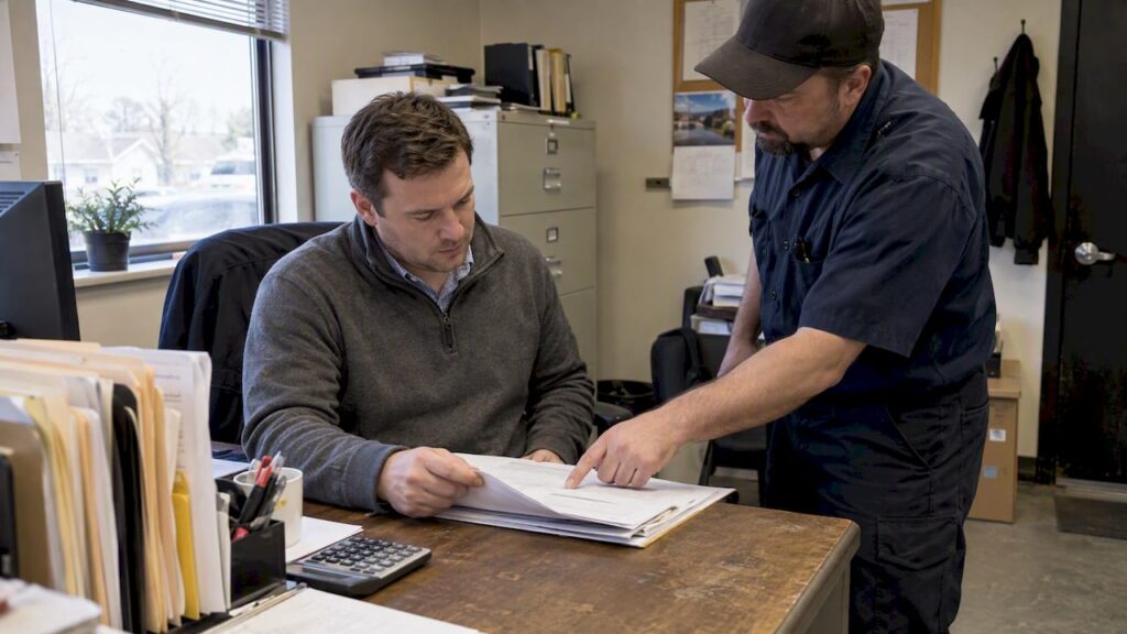 Property manager reviewing backflow inspection paperwork