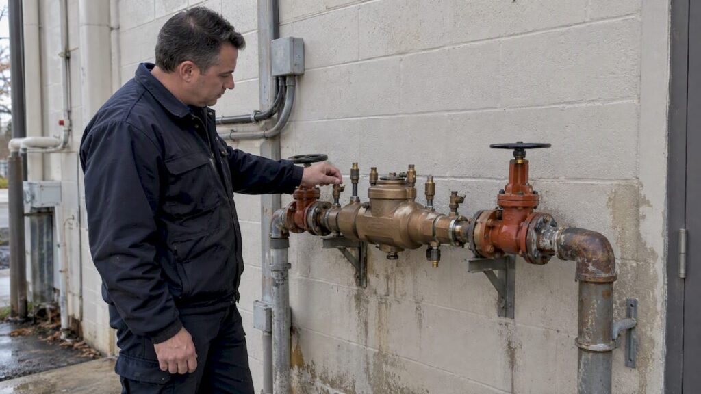 Facility manager inspecting a backflow assembly