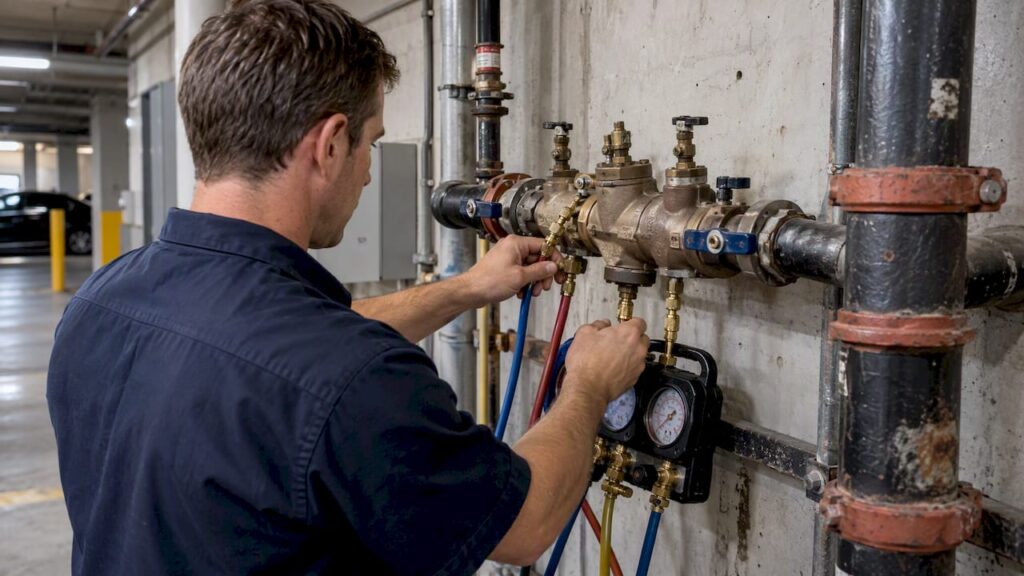 Tester checking a backflow prevention assembly