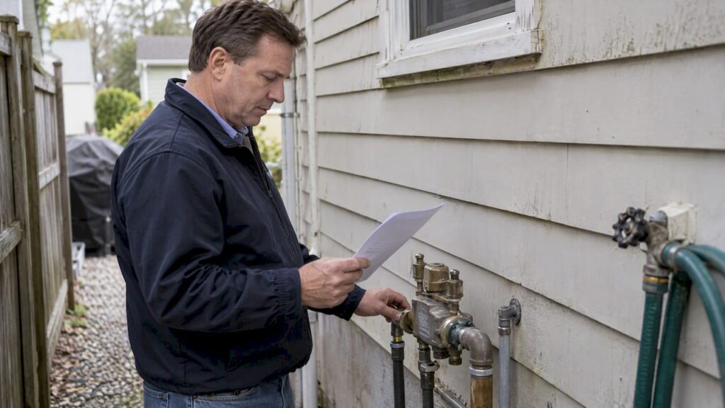 Homeowner examining a backflow notice beside the valve