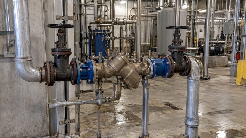 Backflow assembly at a manufacturing plant