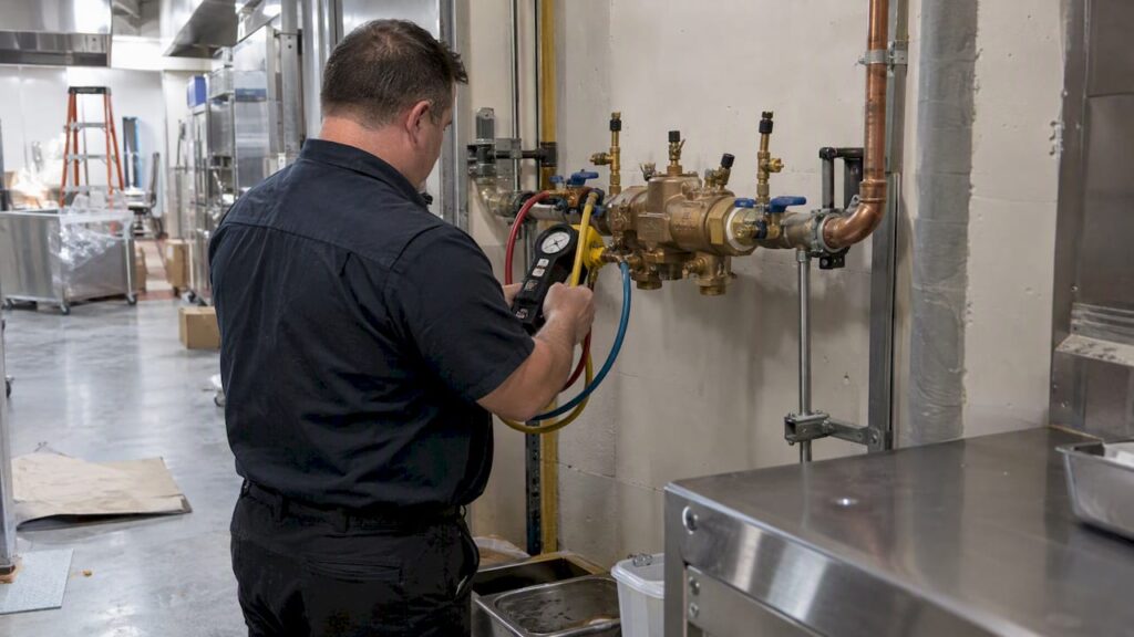 Technician testing a backflow assembly