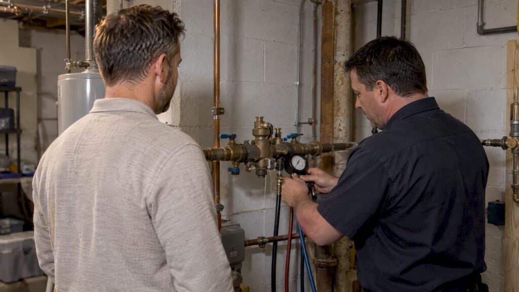 Certified tester inspecting a backflow preventer