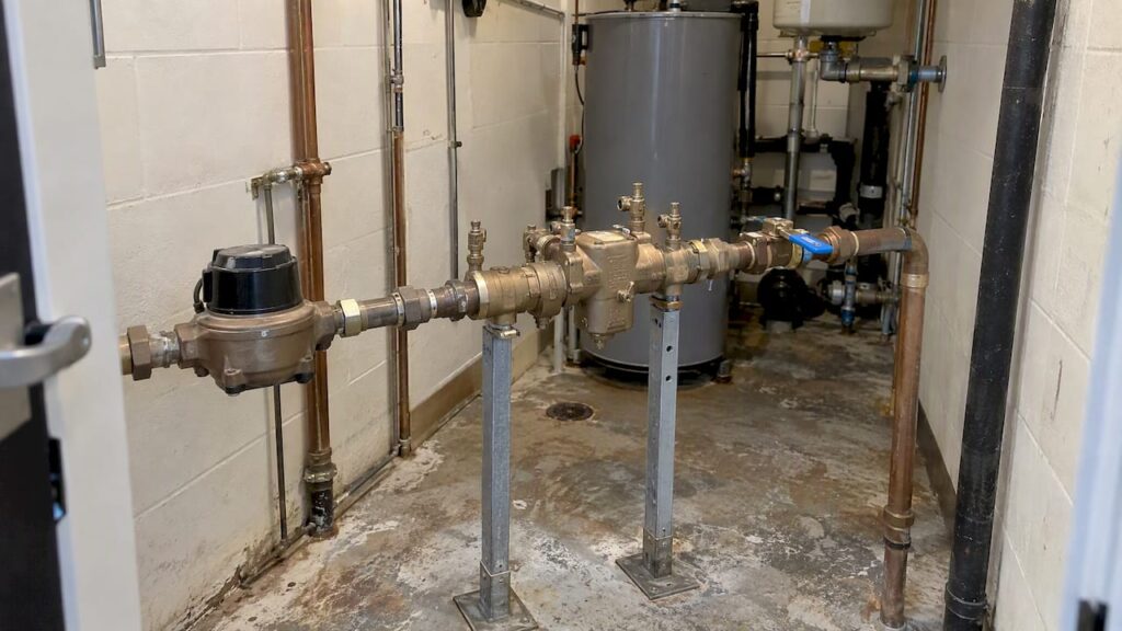 Backflow preventer installed in clinic utility room