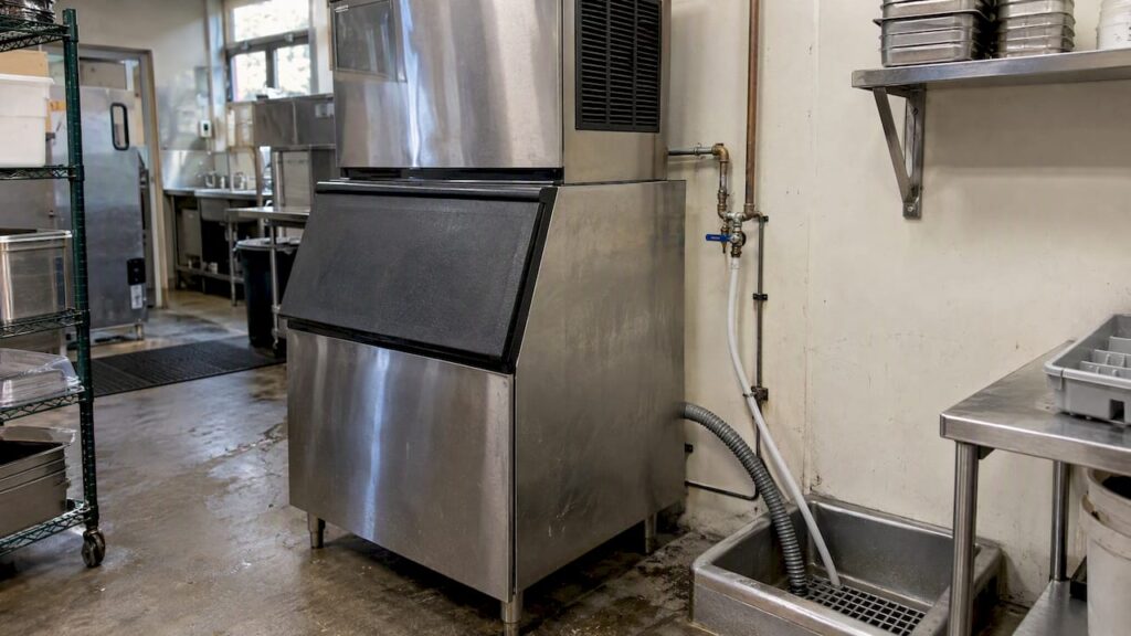 Commercial ice machine with visible water connections