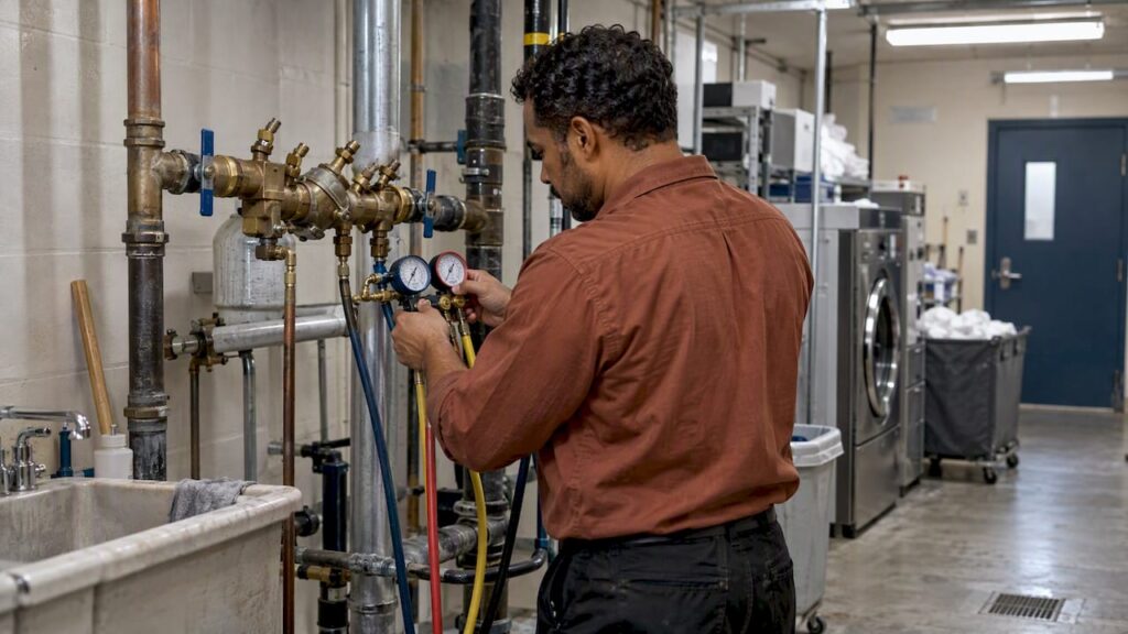 Tester checking a nursing home backflow assembly