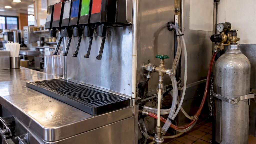 Soda fountain water connection beside CO2 cylinder
